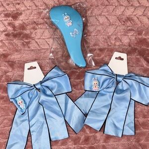 Cute Blue Bunny Hair Bow Set with Matching Brush Labubu handmade Easter